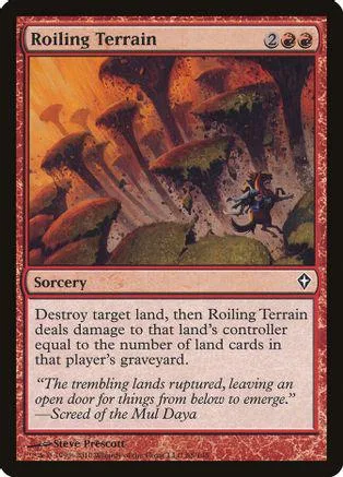 Magic: The Gathering card, Roiling Terrain, orange and green fantasy landscape art.