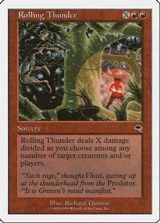 Dark forest scene with glowing red figure on a "Rolling Thunder" Magic card.