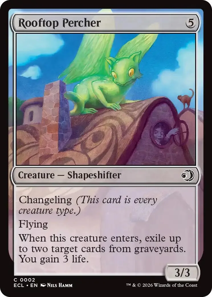 Green fairy-like creature perched on brown rooftop against blue sky.