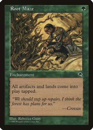 Dark forest scene with armored figure. Enchantment card art.