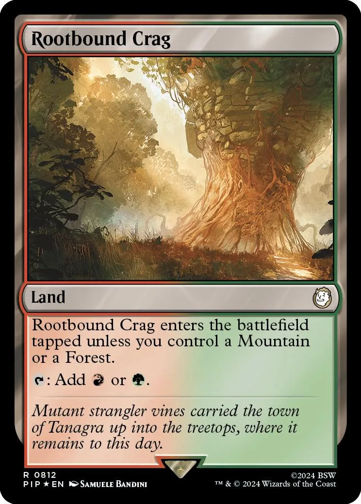 Card art depicts a large, mossy tree trunk in a misty, autumnal forest.