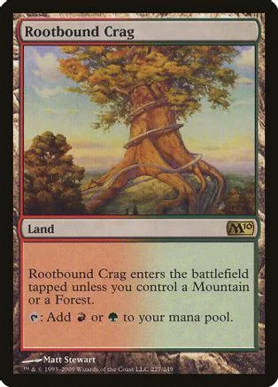 Land card art: large tree on a grassy hill under a bright sky.