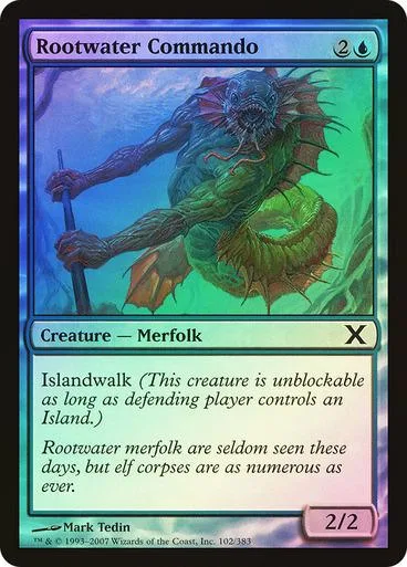 Green merfolk creature card art, Rootwater Commando, in a protective sleeve.
