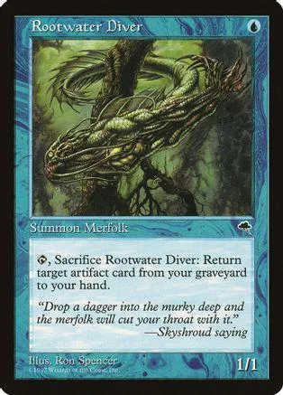 Green dragon creature card art, "Rootwater Diver," black and blue frame.