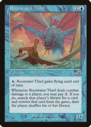 Blue and red dragon over man in water on a collectible card.