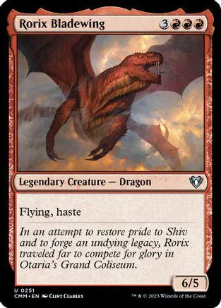 Red dragon creature card, Rorix Bladewing, in a standard trading card frame.