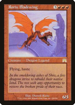 Orange dragon flying over purple landscape, printed on a trading card.