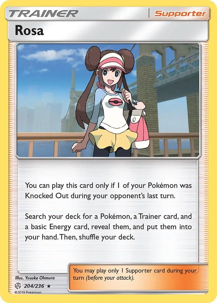 Anime girl character card, Trainer Rosa, featuring light blue and yellow clothing.