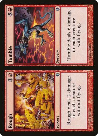 Two Magic: The Gathering cards, one with a dragon, one with figures in yellow.