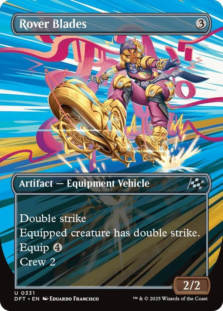 Card art of a golden, armored figure riding a large, ornate vehicle.