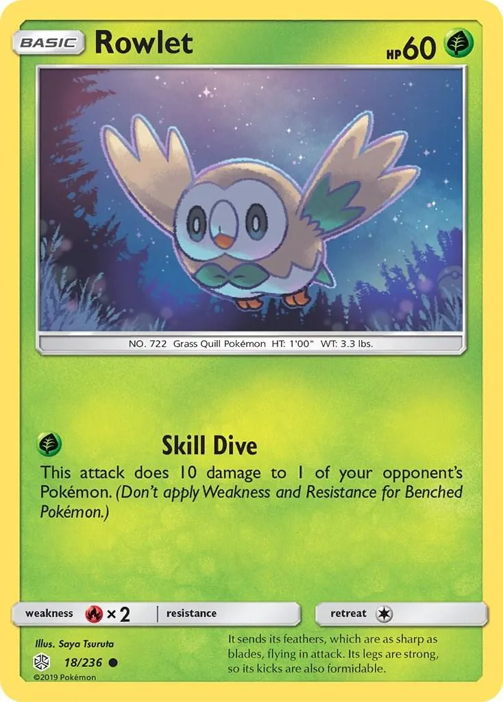 Rowlet Pokémon card, brown and white, showing the creature against a starry background.