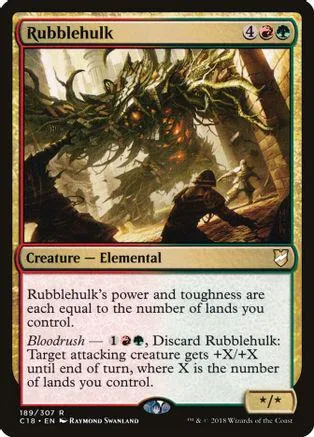 Green elemental creature card, Rubblehulk, dark forest scene, black and green colors.