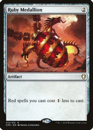 Red dragon artifact on a card with fiery background.