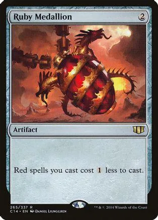 Red dragon artifact on fiery background, Magic: The Gathering card.