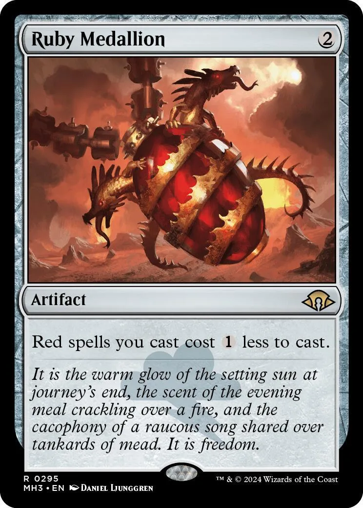 Red dragon-like creature with ruby on a card against a sunset background.