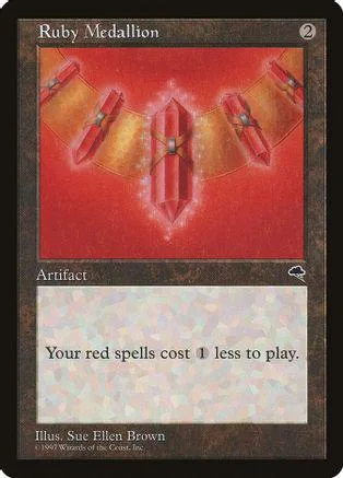 Red and gold artifact card, "Ruby Medallion," with text describing spell cost reduction.