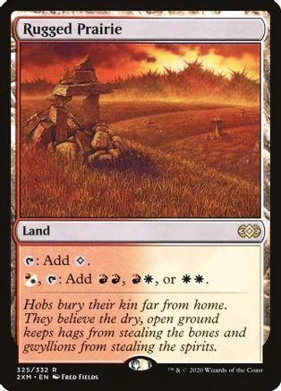 Rugged Prairie land card art showing sunset over grassy plains.