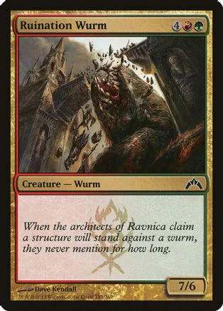 Dark fantasy card art featuring a large, menacing worm amidst ruined architecture.