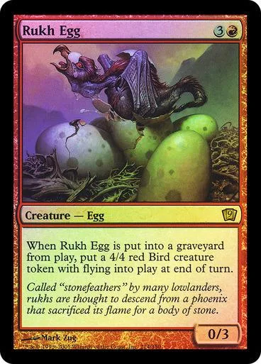 Purple and black egg creature card art with green eggs in a grassy setting.