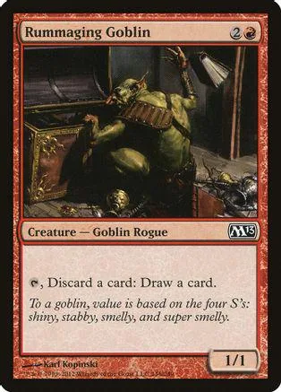 Green goblin rogue card in black frame, dark dungeon setting.