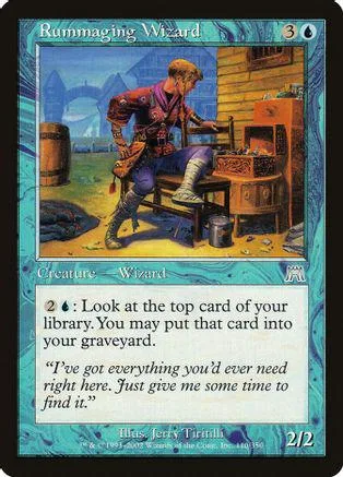 Wizard character in brown robes sits by a wooden structure, blue and green card art.