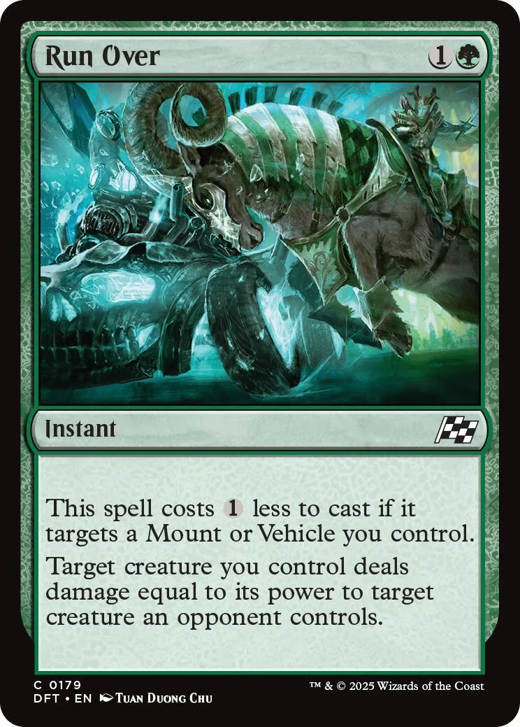 Green and blue card art depicts a charging, armored creature over a skull.