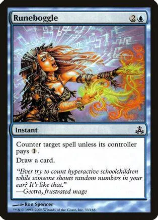 Card art shows a fiery-haired woman casting a spell. RuneBoggle instant magic card.