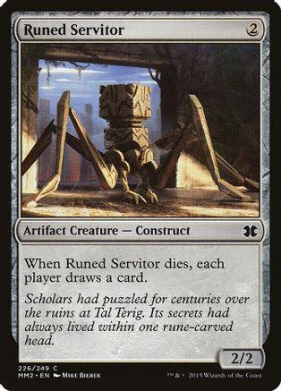 Dark, multi-legged construct creature on a card with brown and grey tones.