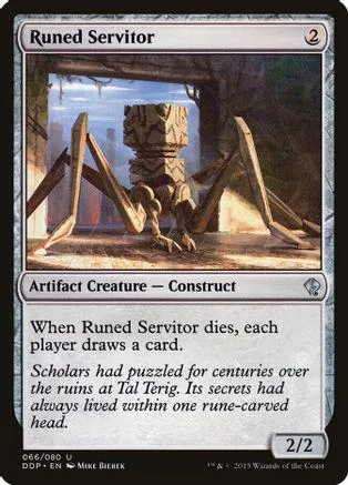 Card art shows wooden construct in ruins. Runic Servitor, 2/2.