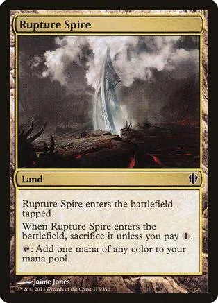Card art depicts a misty, mountainous landscape with a spire. Text reads "Rupture Spire.