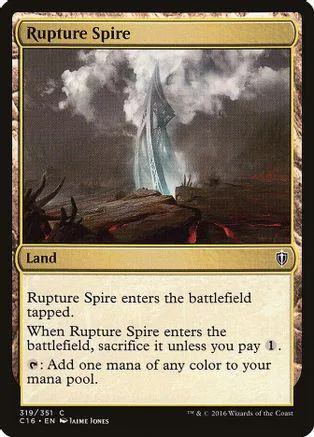 Card art depicts a misty, towering spire in a dark landscape. Rupture Spire land card.