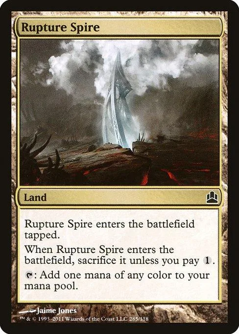 Mystical, spiky land card art with dark, smoky landscape.