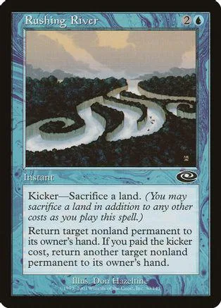 Landscape art card featuring a winding river through dark, forested hills.