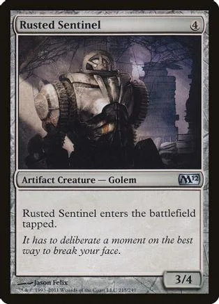 Golem creature card, dark tones, showing a heavily armored figure.