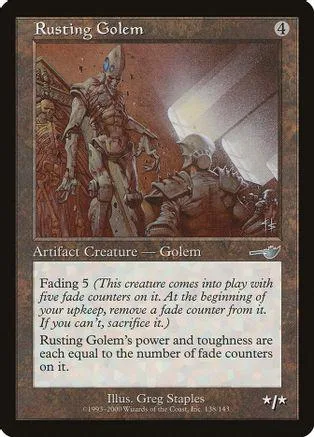 Golem creature card art, brown and grey tones, showing a large, armored figure.