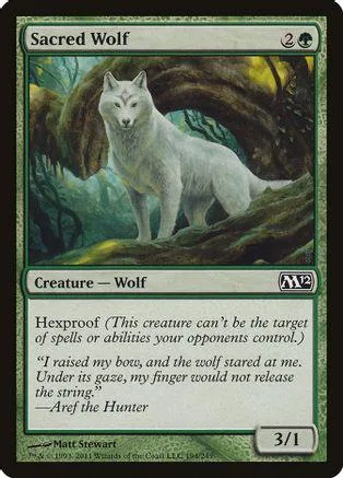 White wolf standing in a dark, mossy forest setting on a trading card.