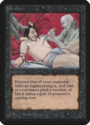 Two figures, one pale, one dark, on a red background. Black card art.