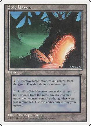 Magic: The Gathering land card, "Safe Haven," dark green and black artwork.