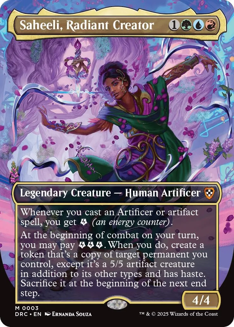 Purple-haired woman casting magic on a colorful, ornate Magic: The Gathering card.