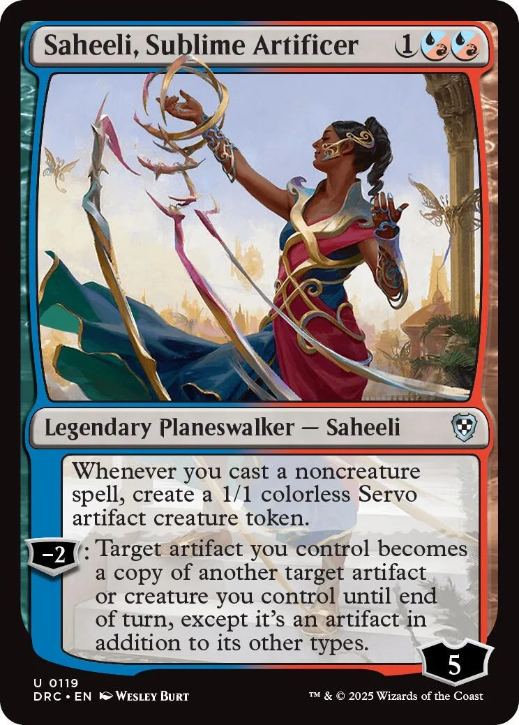 Card art of a woman casting magic with flowing ribbons. Blue and red tones.