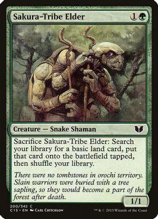 Elder creature with snake shaman features, earthy tones, on a collectible card.
