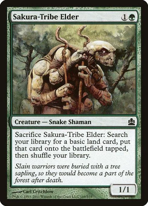 Snake shaman creature card, earthy tones, depicts tribal elder in forest setting.
