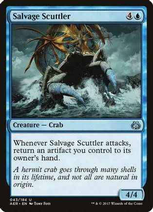 Blue and black Magic: The Gathering card, Salvage Scuttler, crab creature.