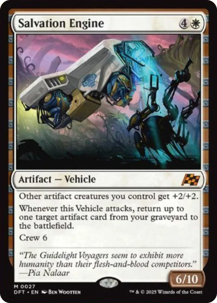 Card art depicts a futuristic vehicle flying over a dark, alien landscape.