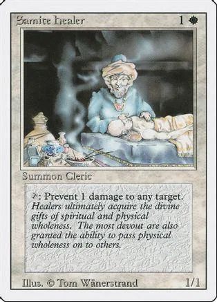 Card art shows an old man tending to a sleeping figure. Light blue and white tones.