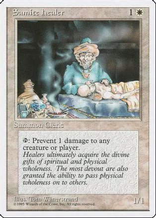 Card art depicts a bearded man tending to a reclining figure in a dimly lit setting.