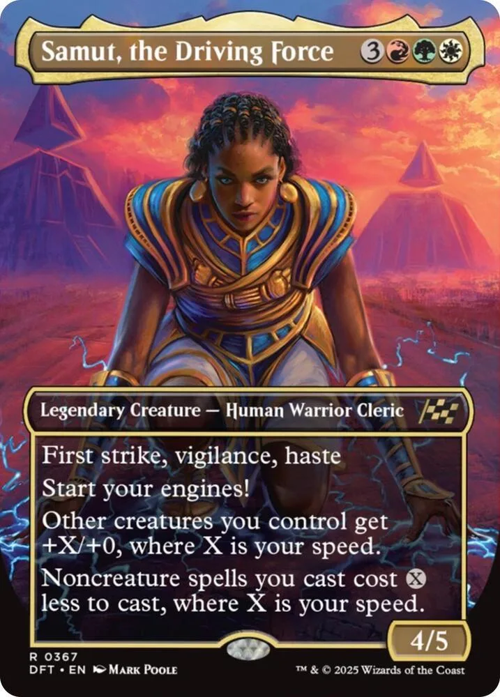 Card art of a warrior cleric in golden armor against a desert sunset.