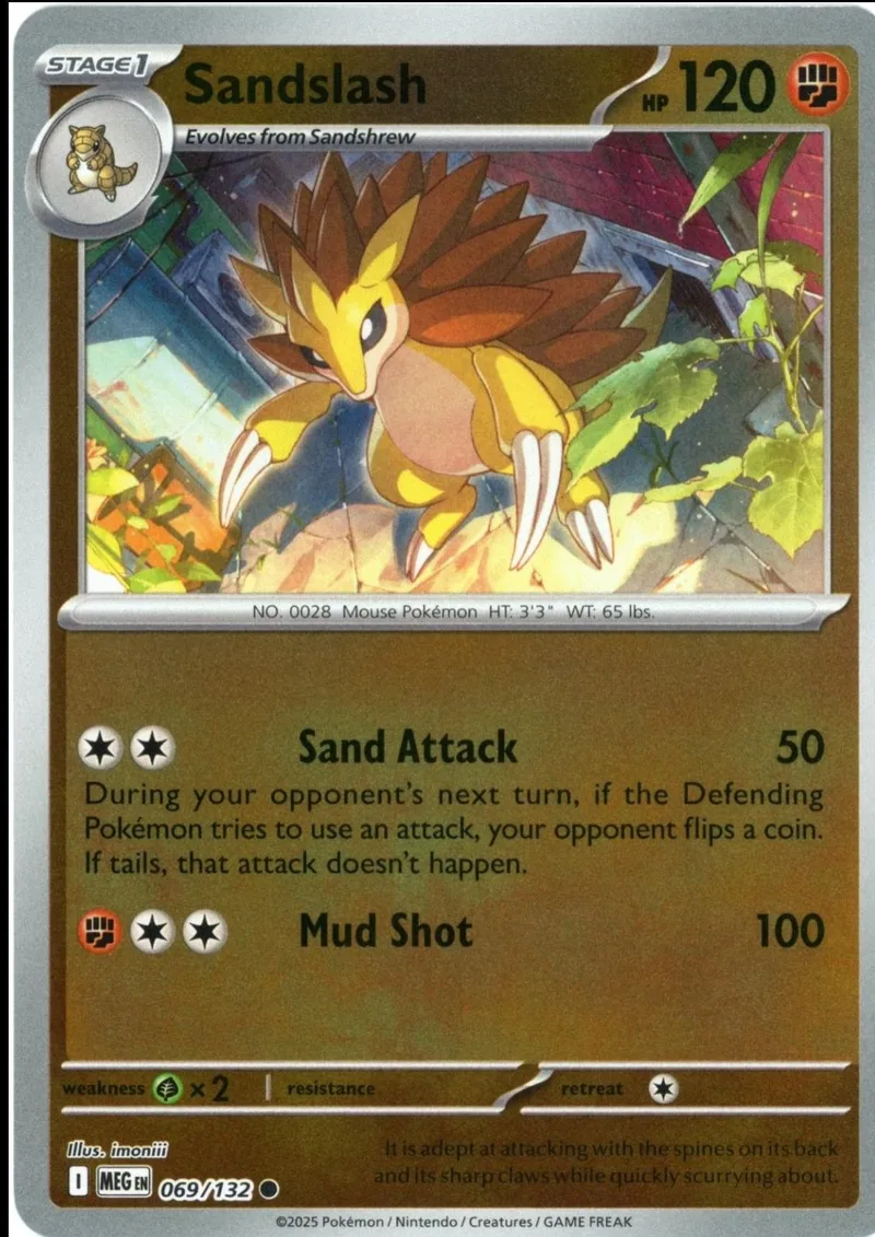 Yellow and brown Pokémon card, Sandslash, with attack descriptions visible.