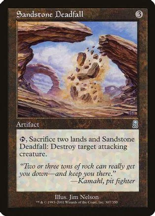 Card art shows rocks falling through a desert archway. "Sandstone Deadfall" card.