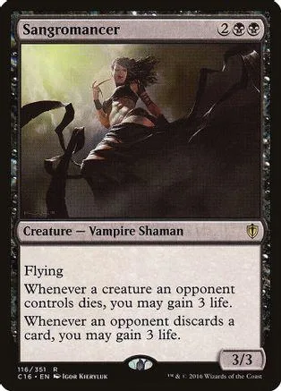 Card art depicts a figure on a dark horse. Sangromancer creature card.